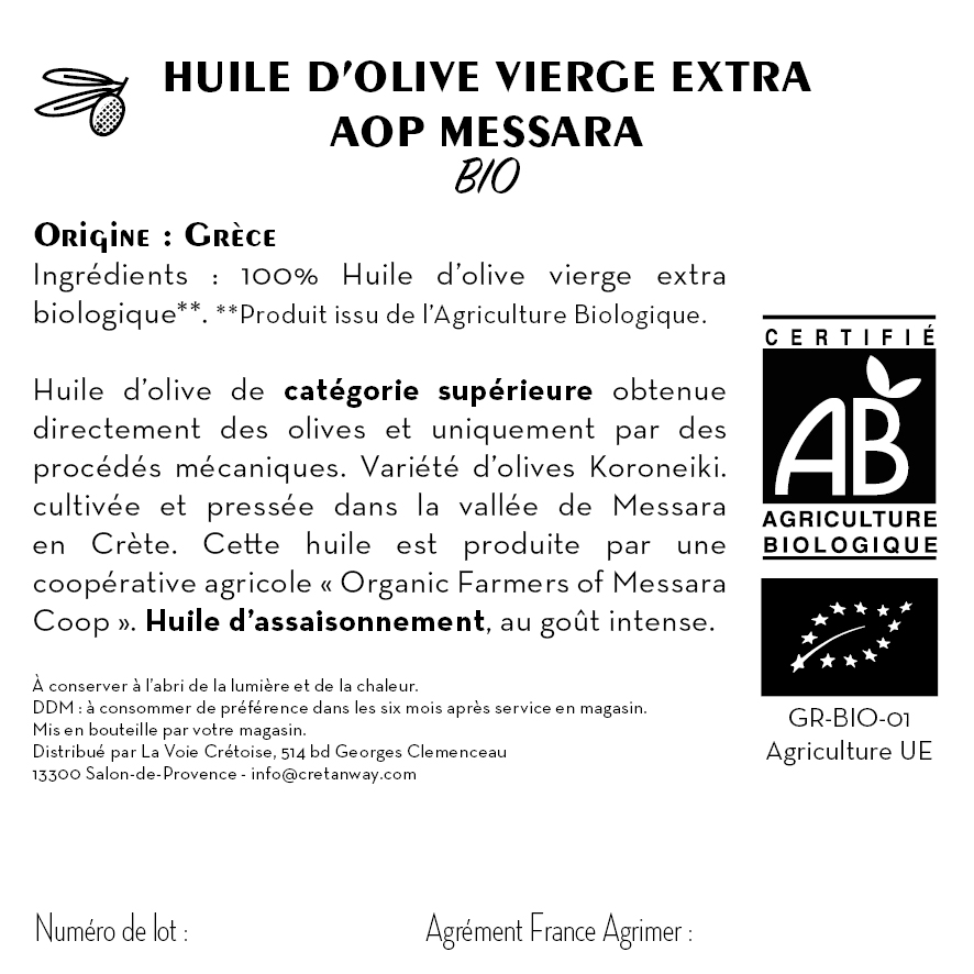 Contre étiquette - Huile d'Olive Vierge Extra - AOP Messara Crètes - Bio