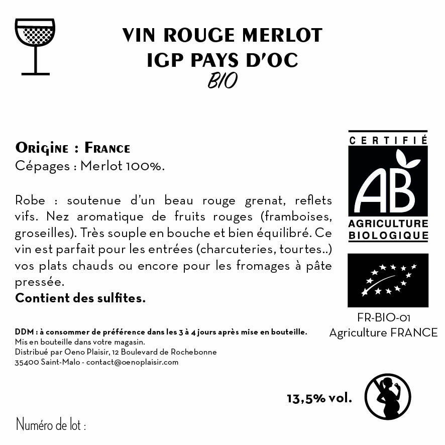 Contre étiquette - IGP Pays d'Oc Merlot - Rouge - Bio