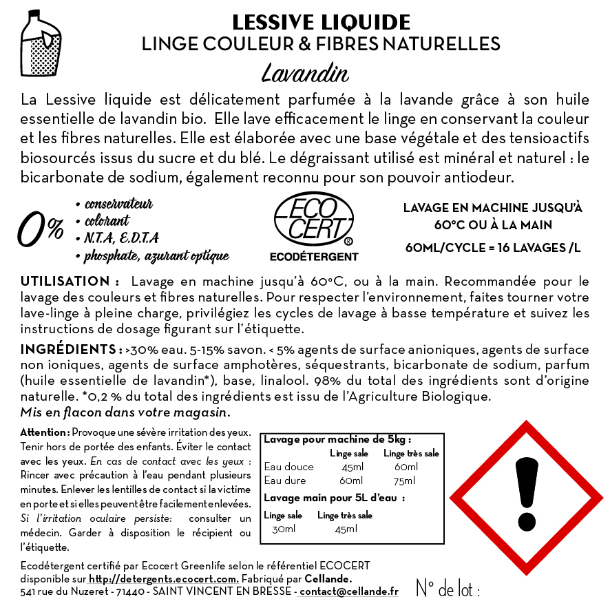 Contre étiquette - Lessive liquide linge couleurs et fibres naturelles lavandin