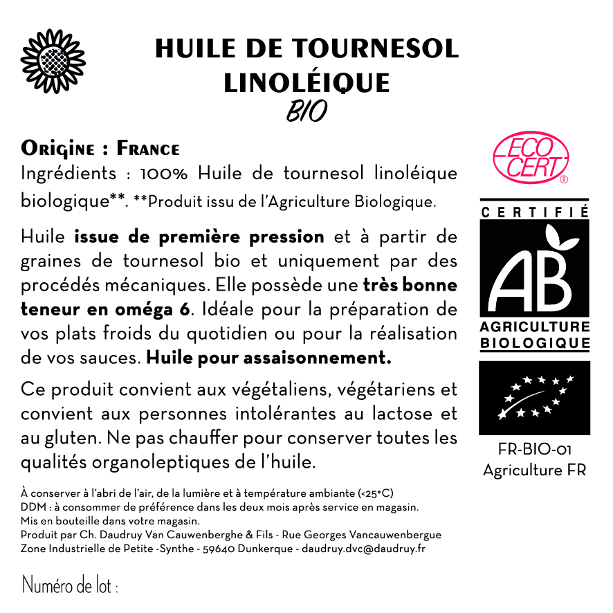 Contre étiquette - Huile de Tournesol Linoléique - Bio - BIB 10L