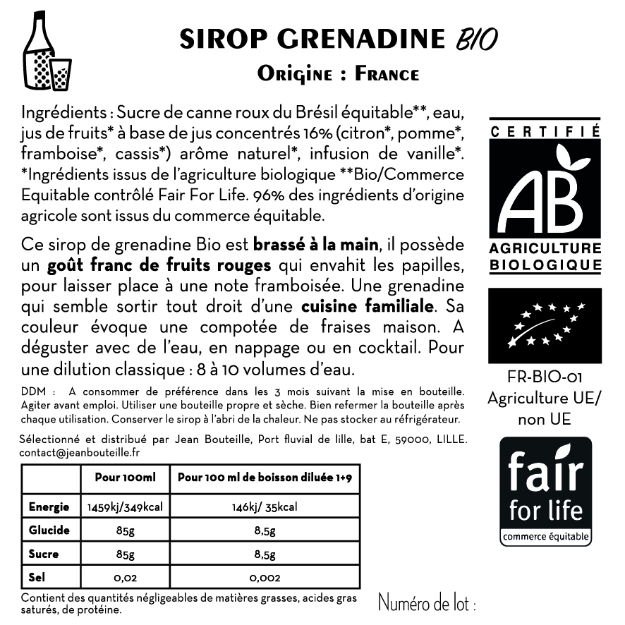 Contre étiquette - Sirop de Grenadine Bio - BIB 10L