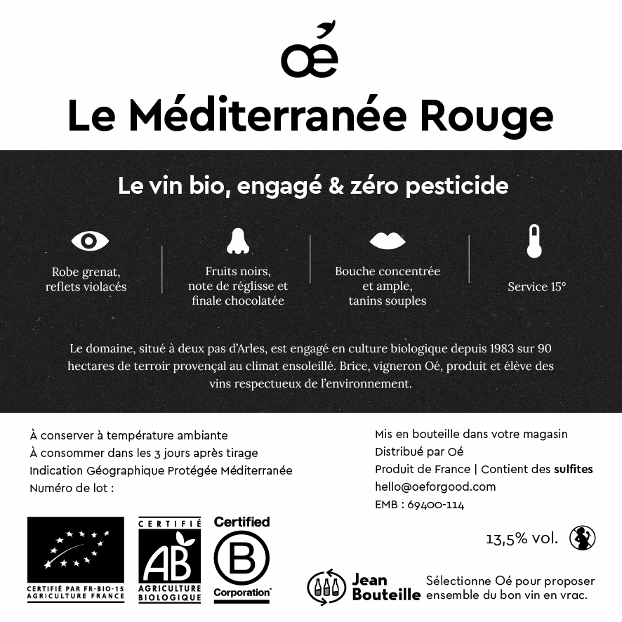 Contre étiquette - Le Méditerranée Rouge Oé - IGP - Bio