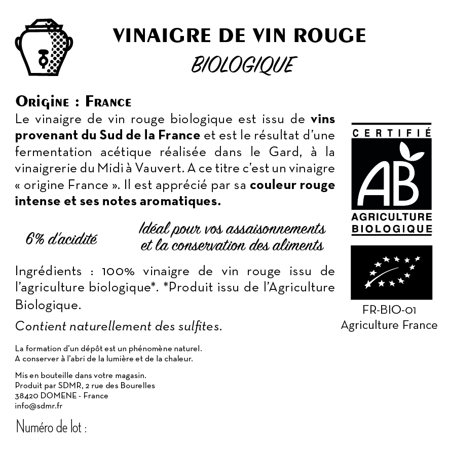 Jean Bouteille -- Contre étiquette vinaigre d'alcool 14 degrés eco